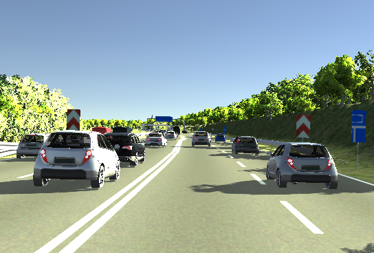 A synthetic highway scene with several cars.