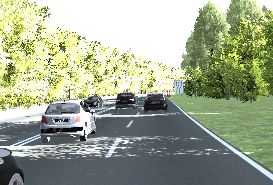 A synthetic tree-lined road with several cars.