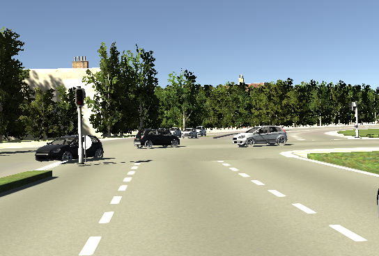 A synthetic urban intersection with crossing traffic.